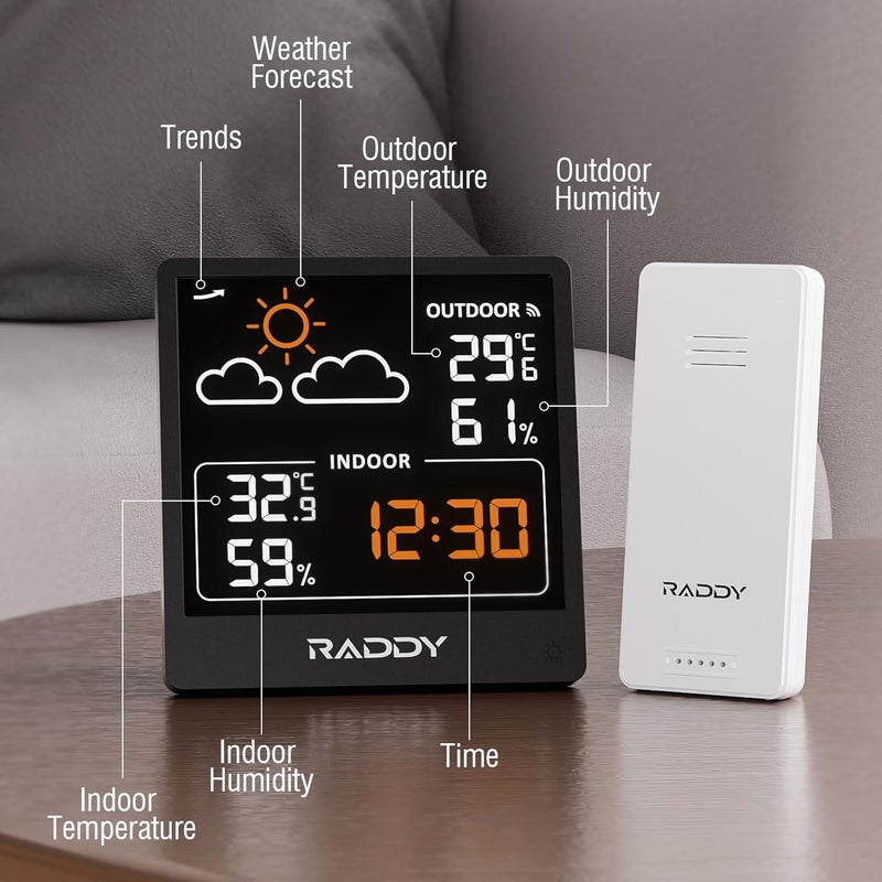 Raddy WF-50V Indoor Outdoor Thermometer Hygrometer, Wireless Weather Station Temperature & Humidity Monitor with 5.0’’ VA Display, USB-C Powered, Weather Forecast, Wireless Remote Sensor (Black) - Image 2
